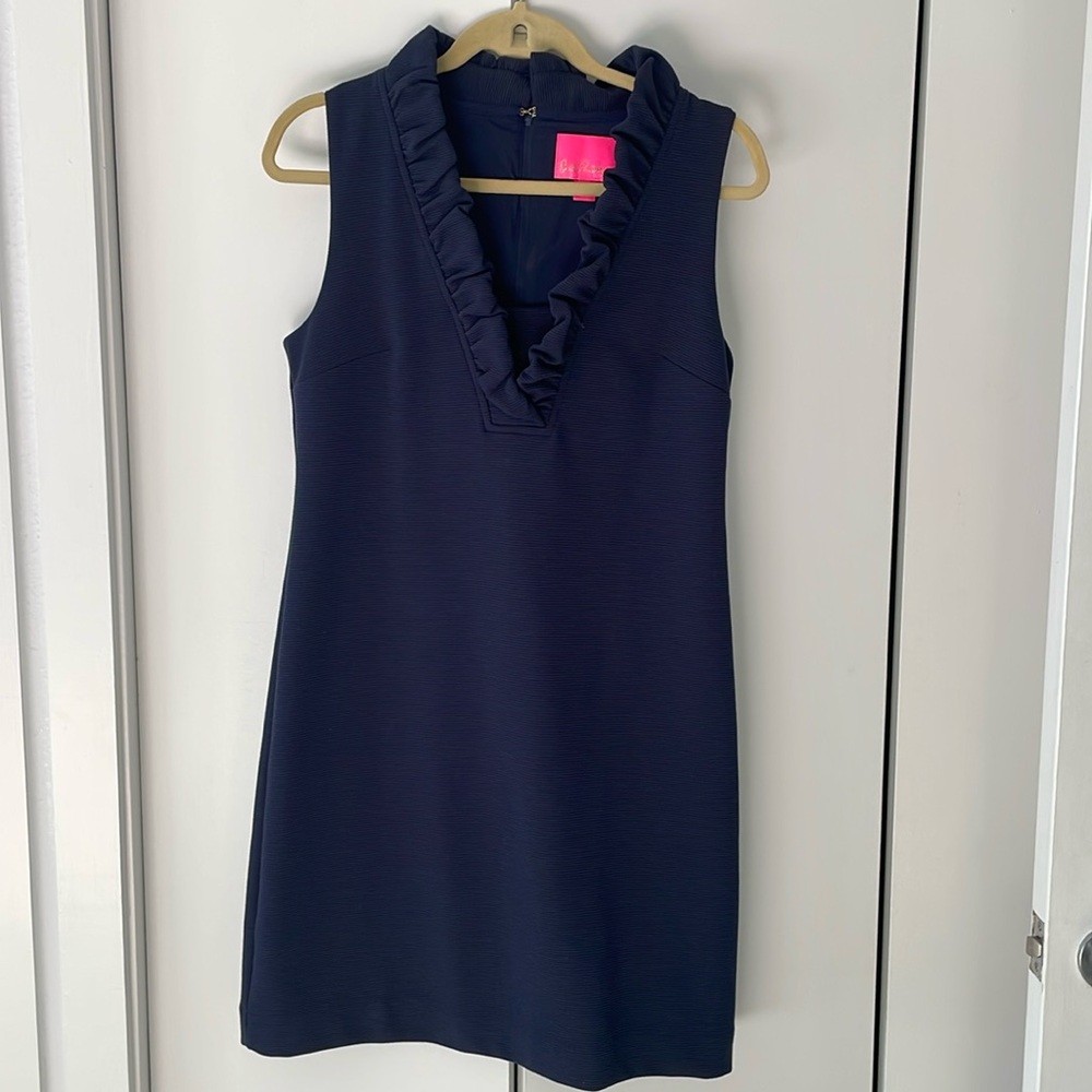Lilly Pulitzer Tisbury Sleeveless Shift Ruffle Neck Dress Navy